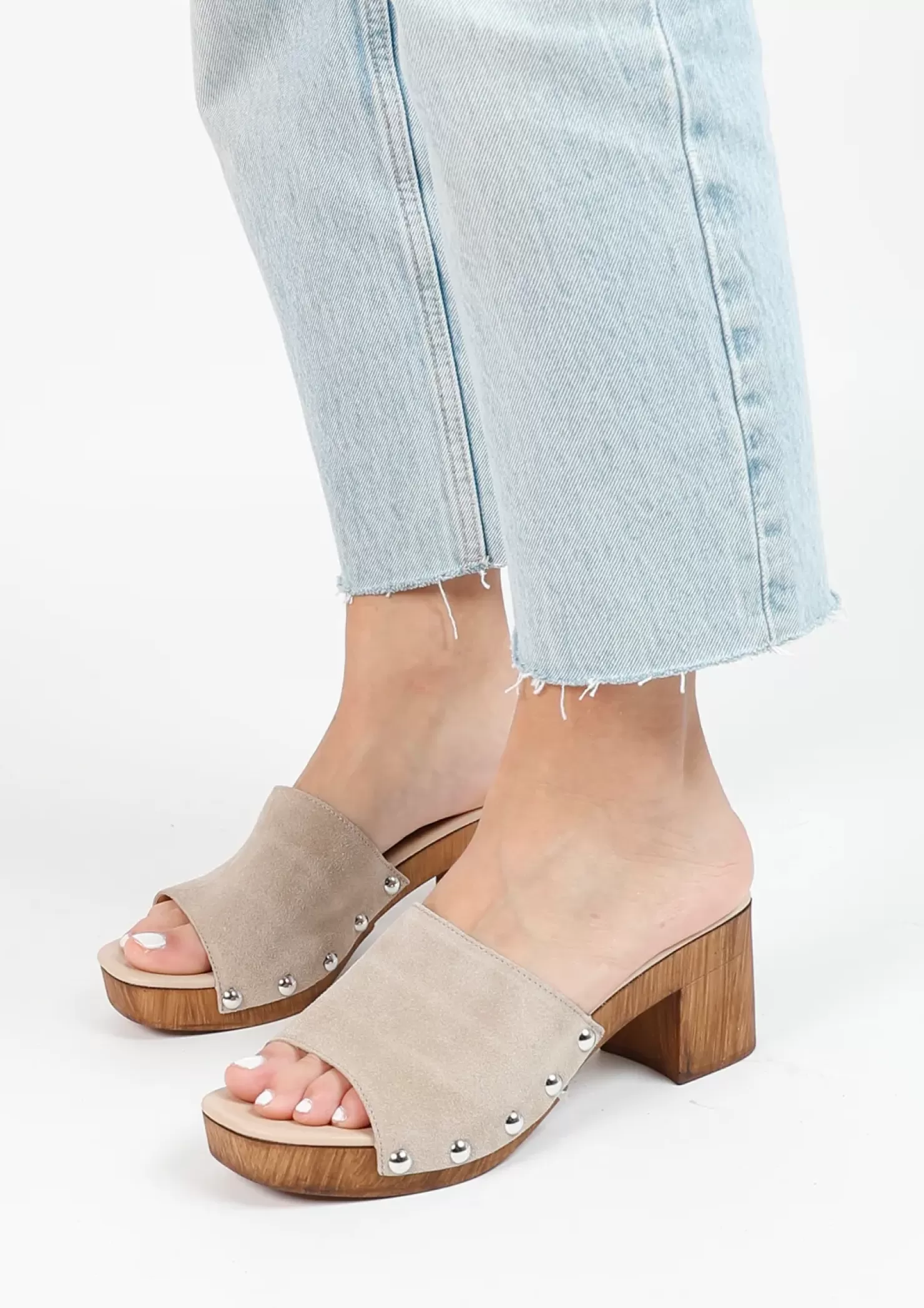 Cheap Suede Mules With Wooden Heel - Beige Women Sandals