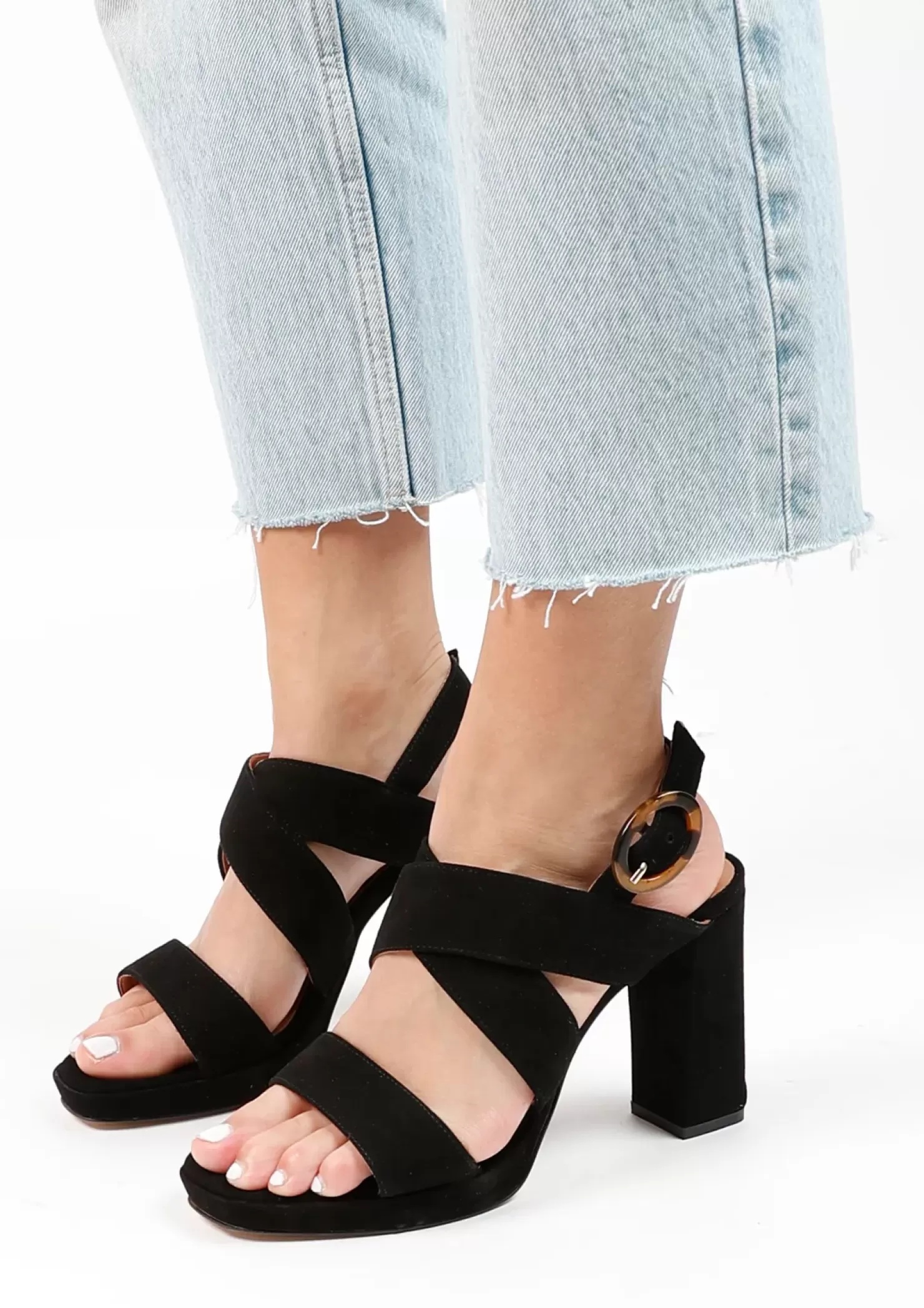 Discount Suede Sandals With Cuban Heel - Black Women Sandals