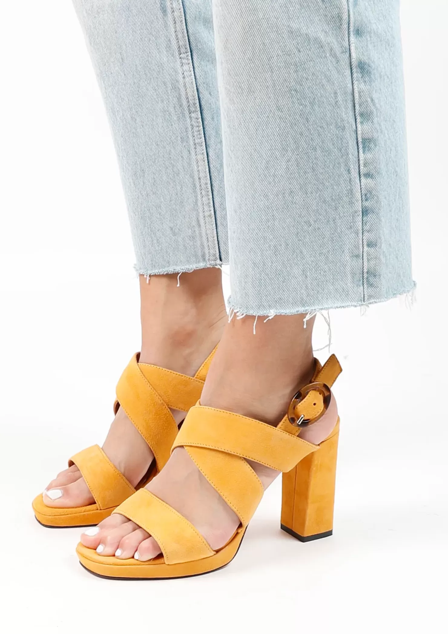 Flash Sale Suede Sandals With Cuban Heel - Yellow Women Sandals