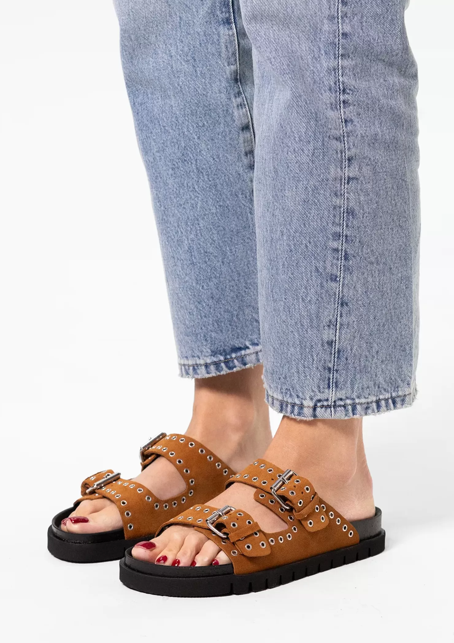 Hot Suede Slides With Buckles - Brown Women Sandals