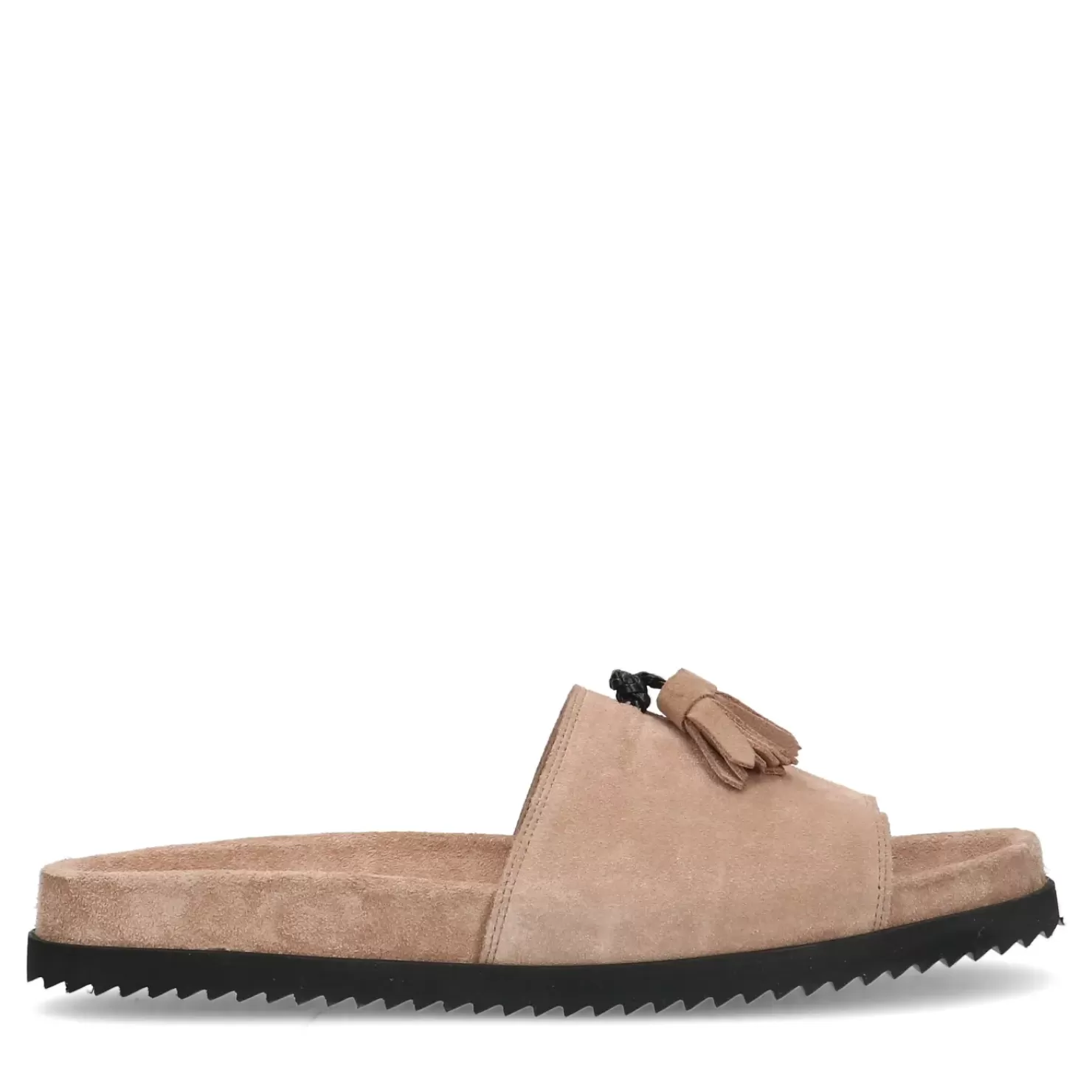 Shop Suede Slides With Fringed Pompom - Beige Men Flip Flops