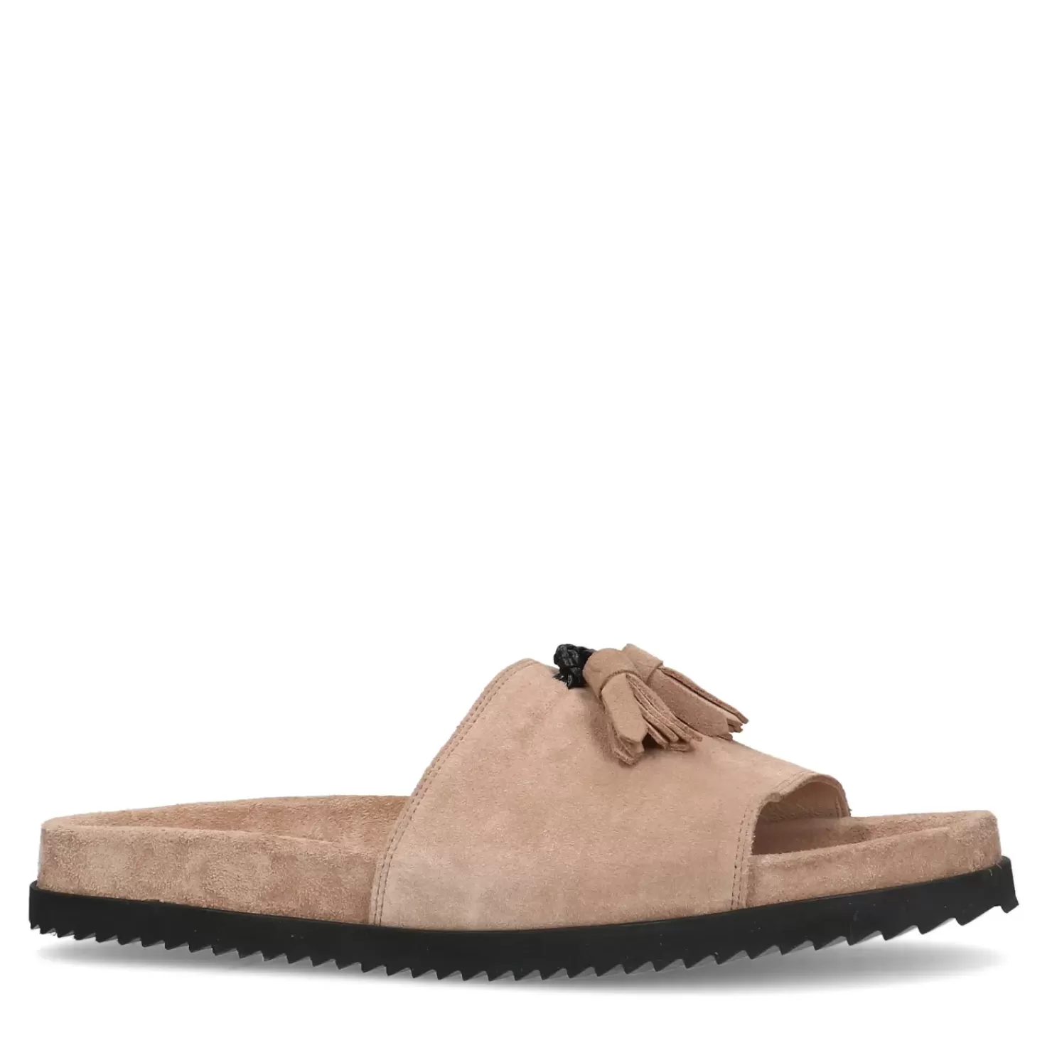 Shop Suede Slides With Fringed Pompom - Beige Men Flip Flops