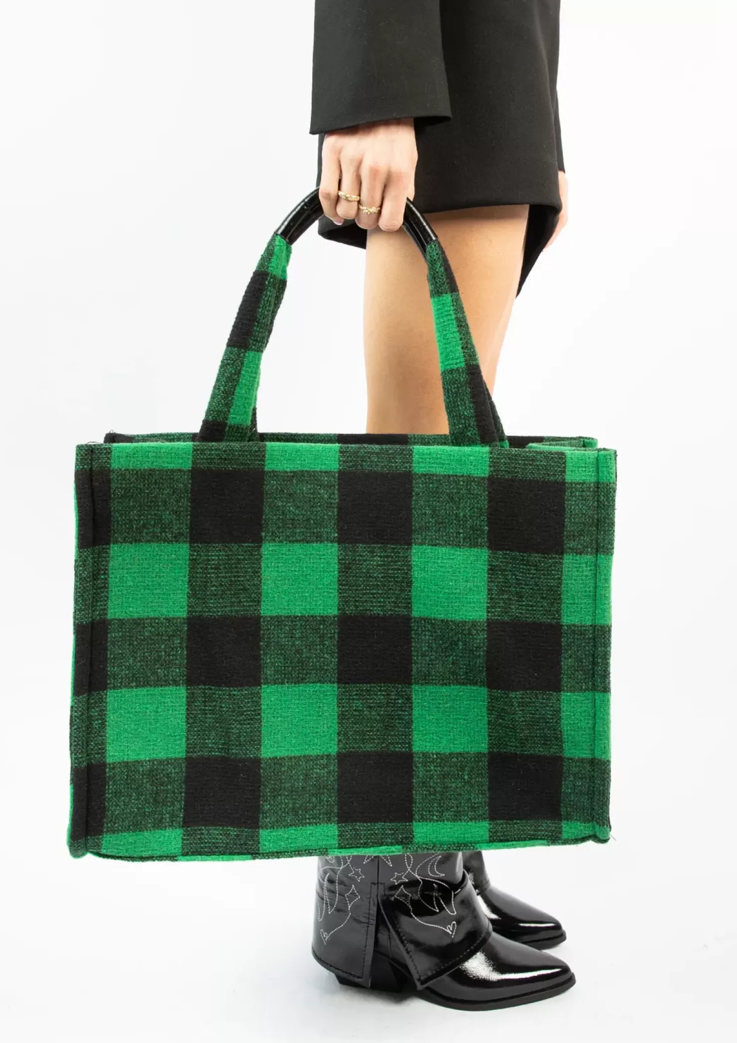 Hot Tote Bag With Check Print And Details - Green Women Basket