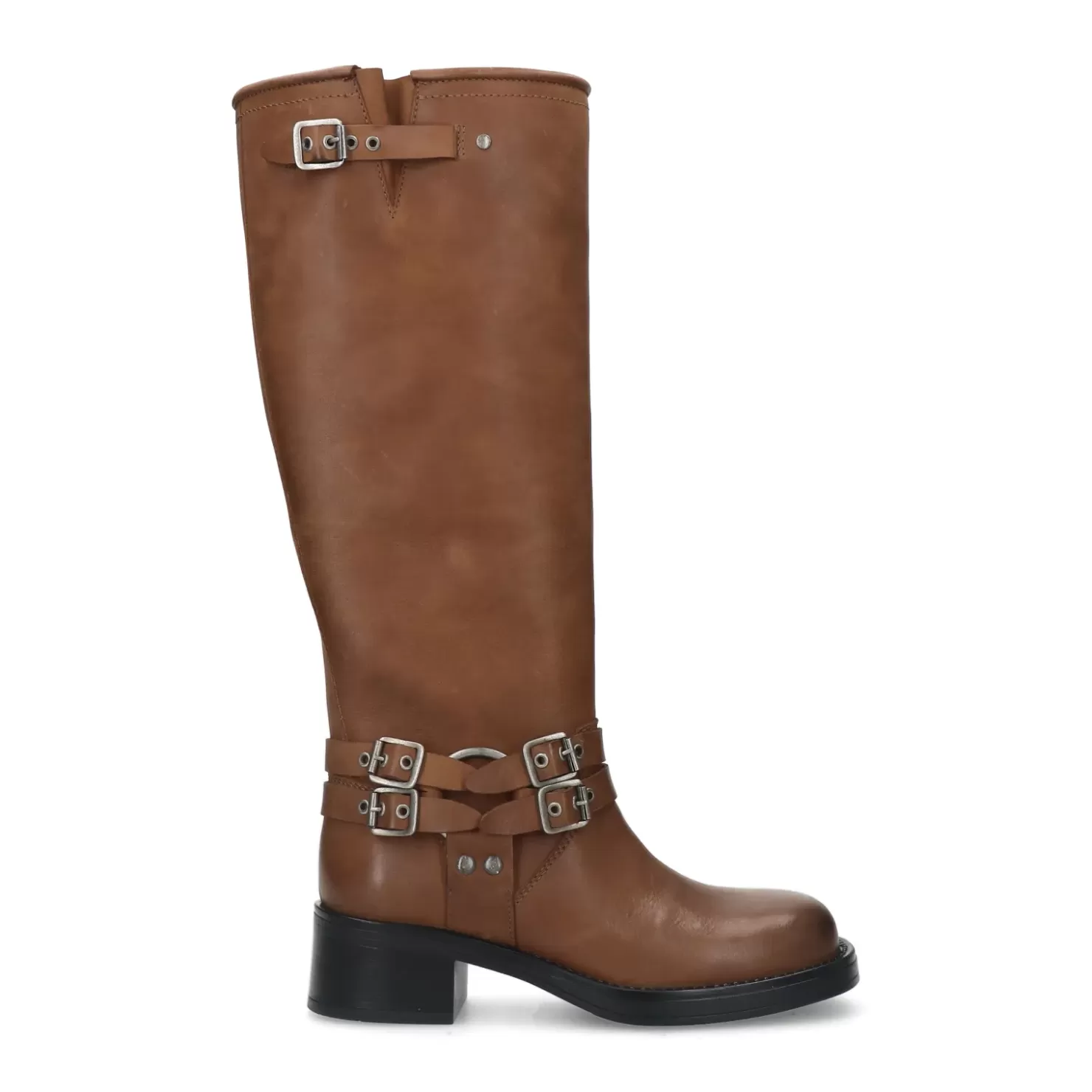 Shop Wide Shaft Buckled Biker Boots - Brown Women Ankle Boots